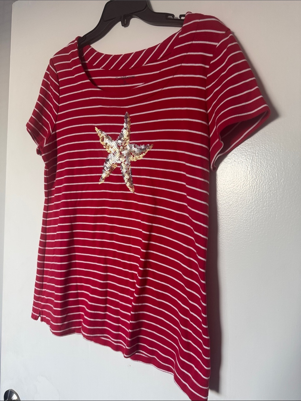 croft & barrow Red and White Striped Short-Sleeve Top with Sequin Star